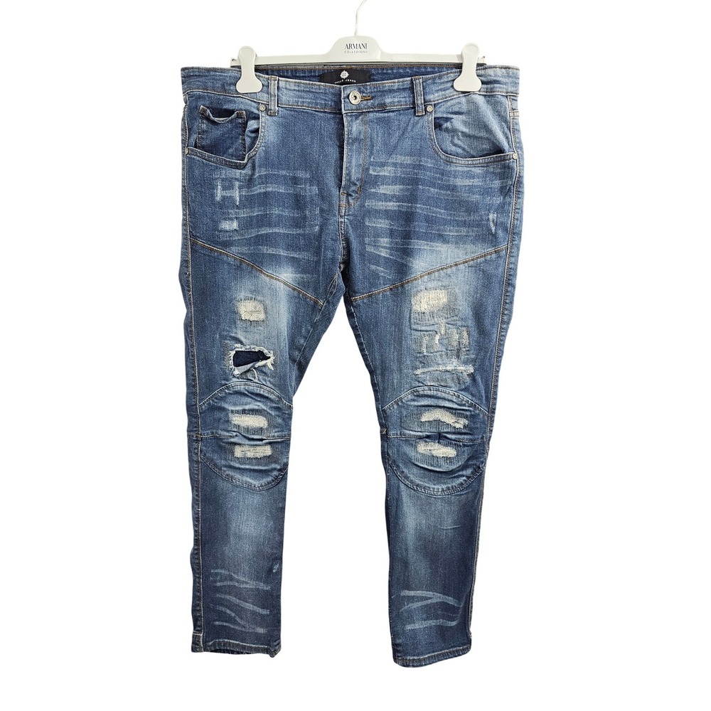 Focus Jeans‎ Mens Blue Distressed Biker Moto Ripped Denim Jeans Slim Fit 42x32